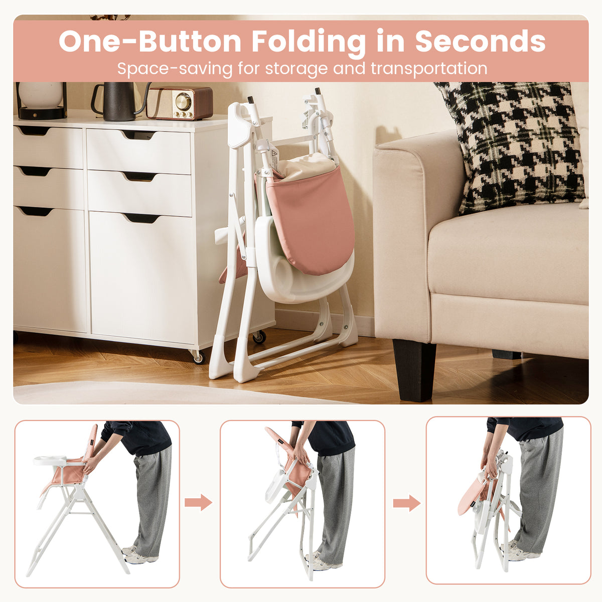 Pink Compact Highchair with Removable Tray & Safety Harness - Easy Clean & Space Saving