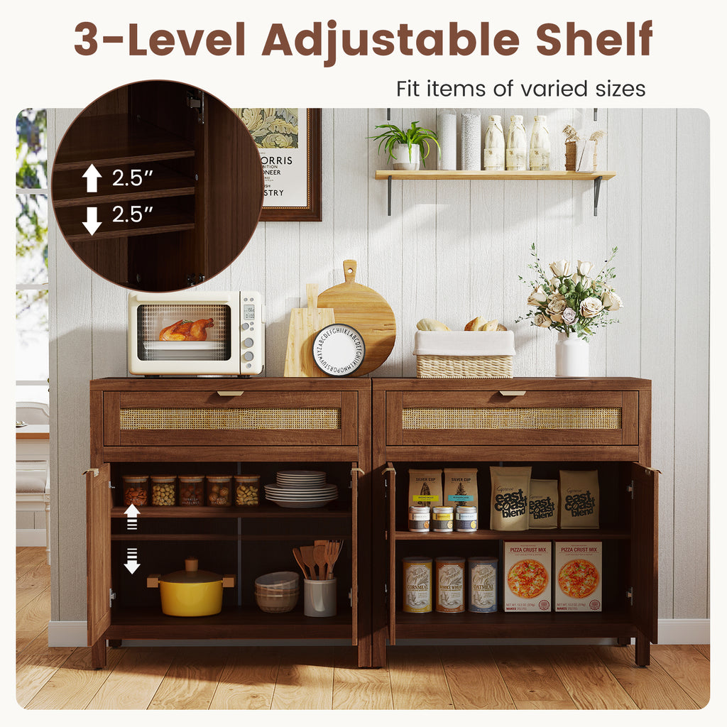 Sideboard Storage Cabinet with Rattan Doors and Large Drawer - Brown