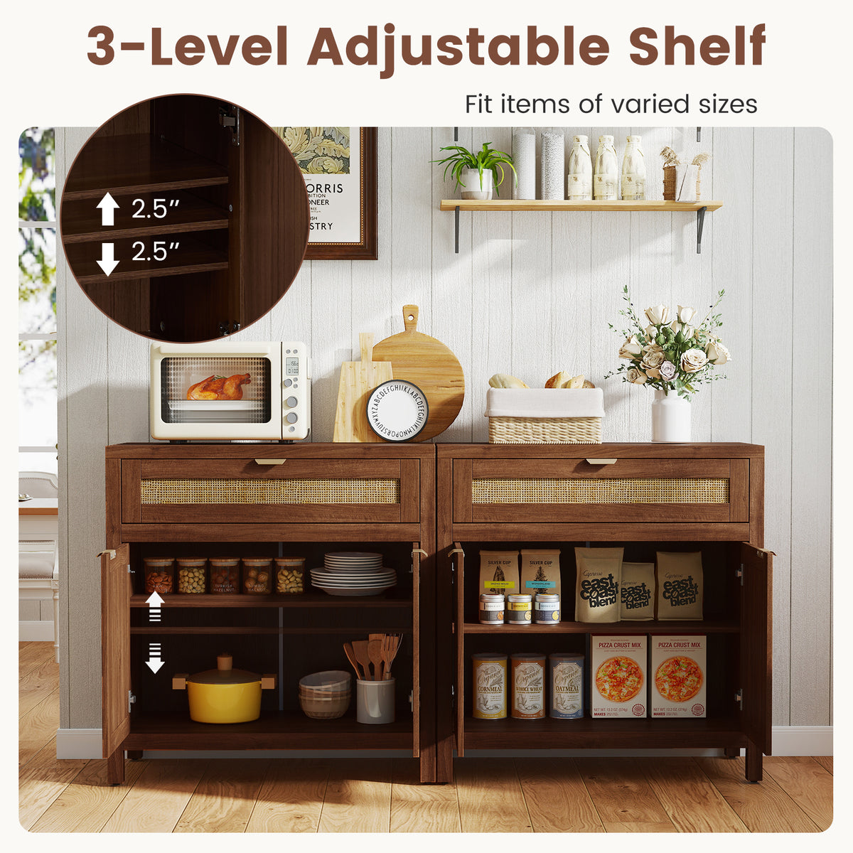 Sideboard Storage Cabinet with Rattan Doors and Large Drawer - Brown