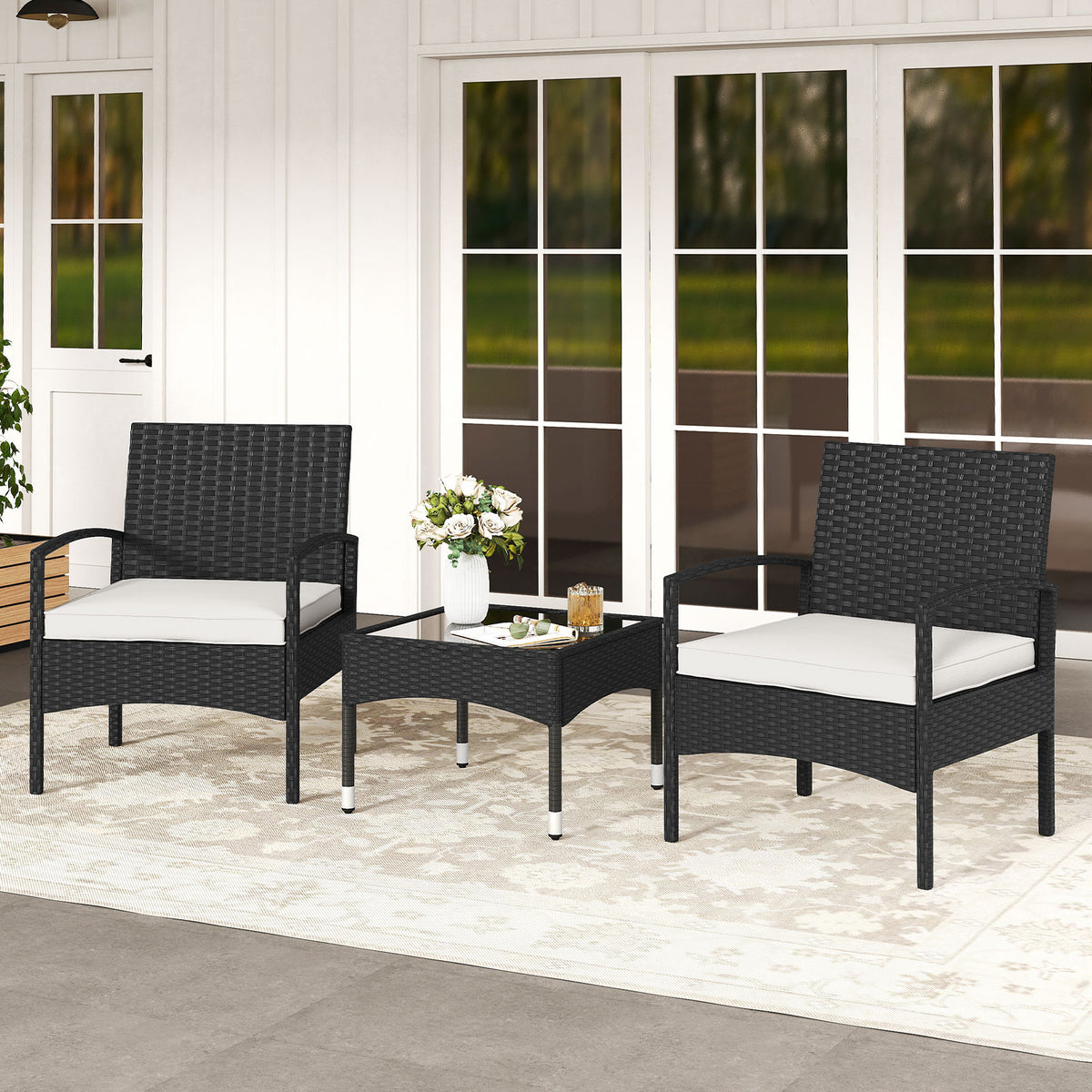 3-Piece Rattan Patio Bistro Set with Cushions - Beige