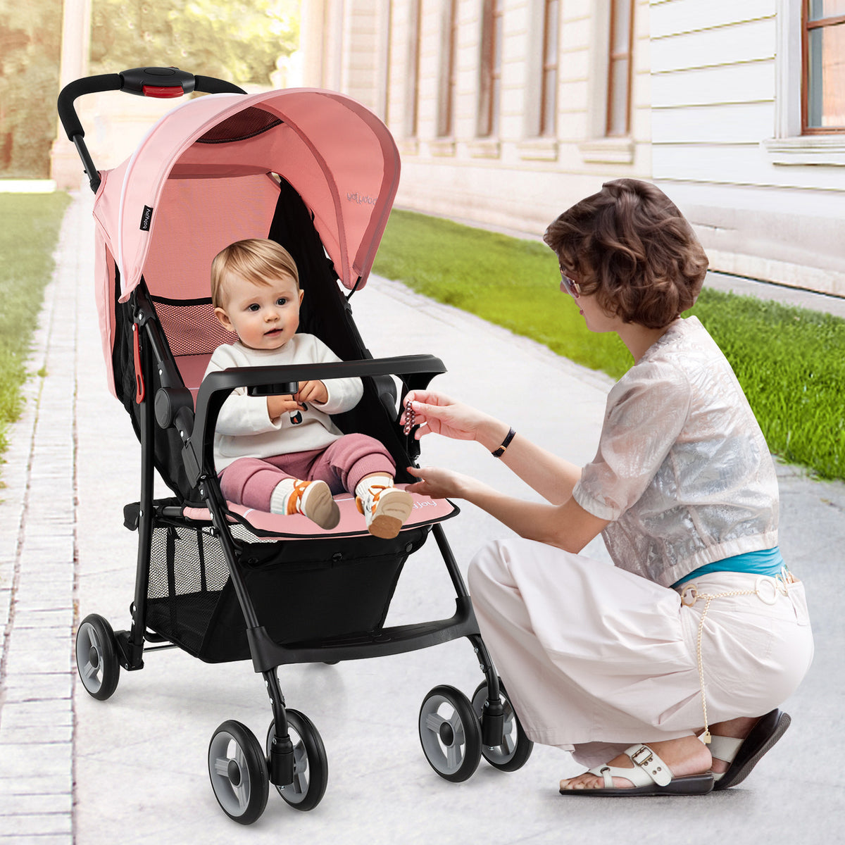 Toddler Compact Travel Stroller with Canopy & 2-Position Backrest - Pink