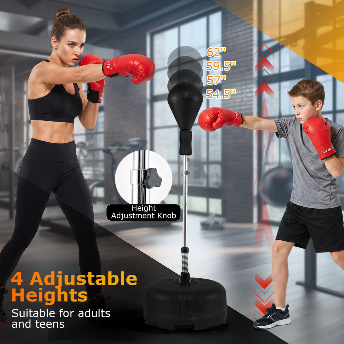 Black Adjustable Punching Bag with Stand for Teens and Adults - 54.5-62"