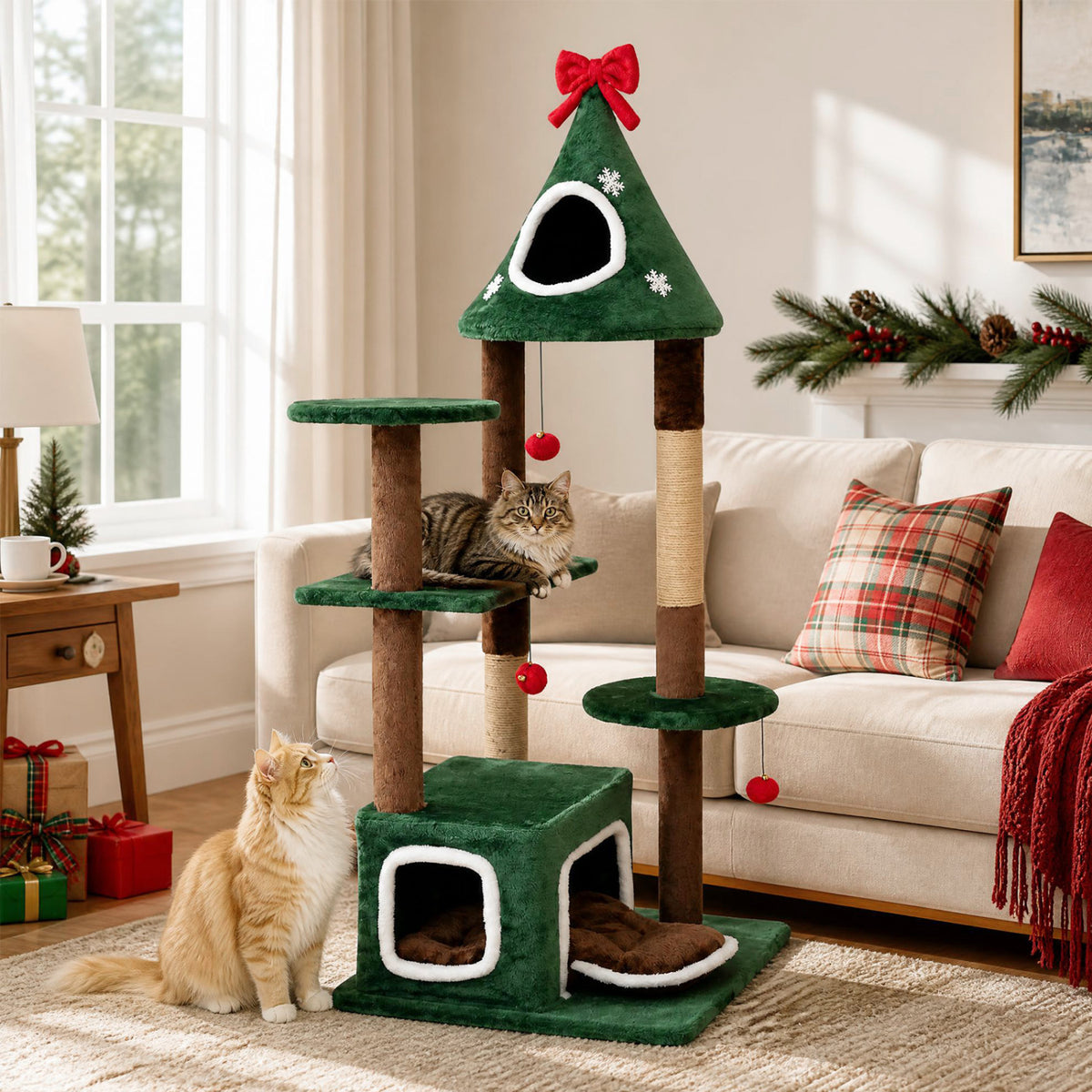 Green 54-Inch Christmas Cat Tree with 2 Condos & Removable Cushion