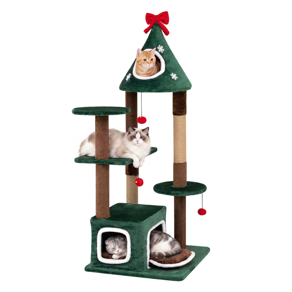 Green 54-Inch Christmas Cat Tree with 2 Condos & Removable Cushion