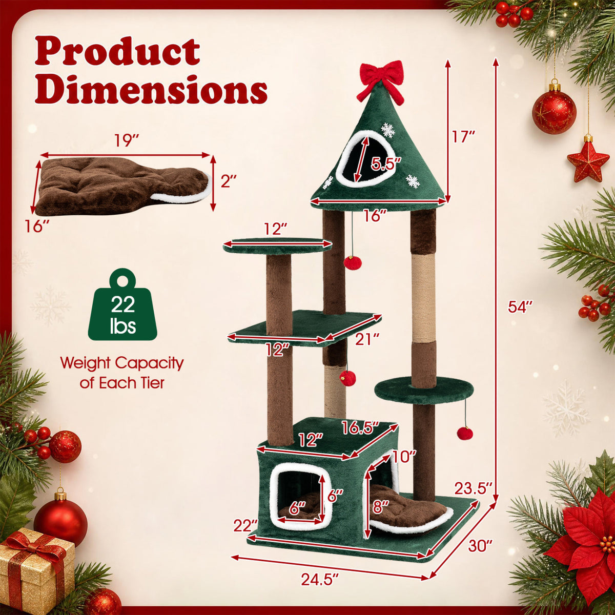 Green 54-Inch Christmas Cat Tree with 2 Condos & Removable Cushion