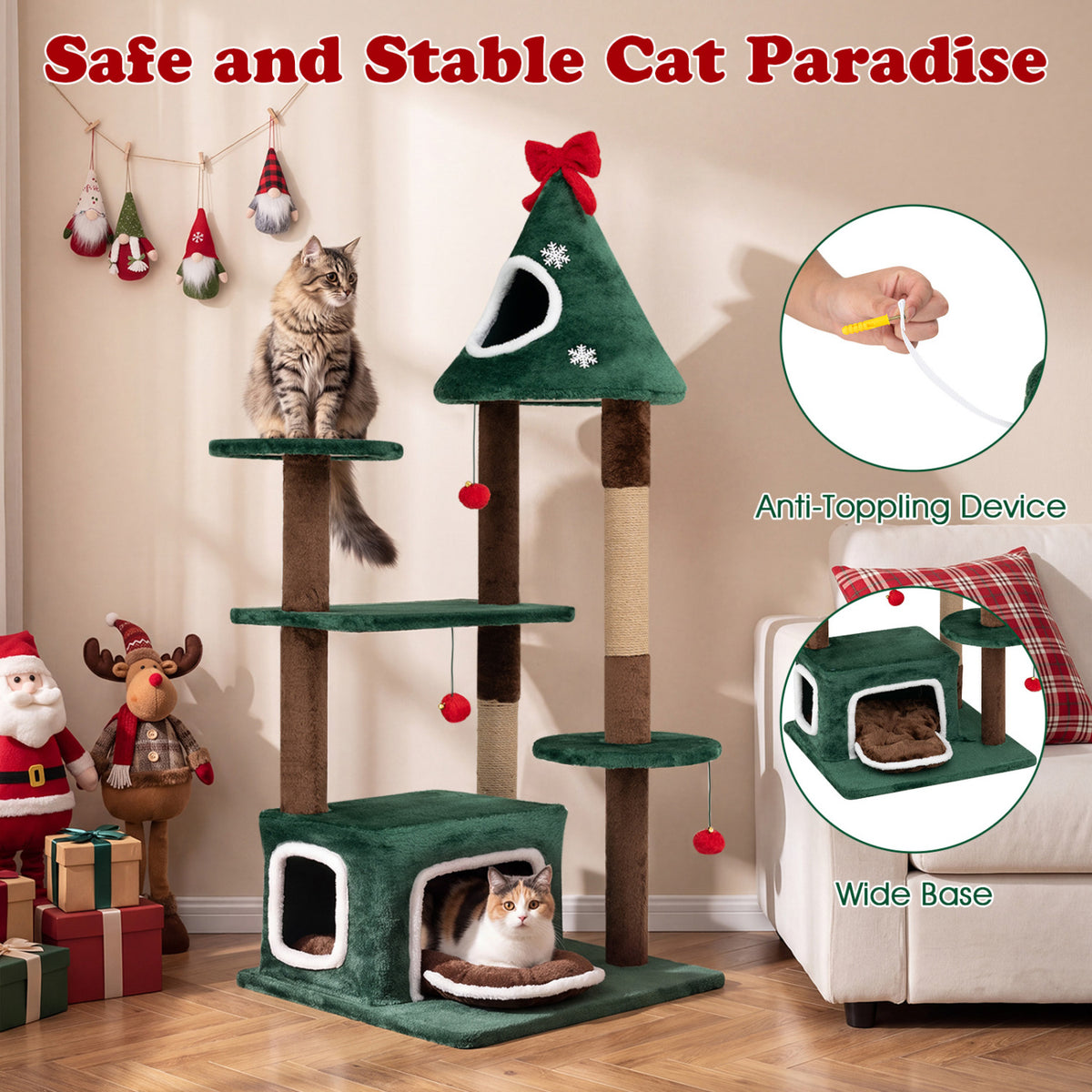 Green 54-Inch Christmas Cat Tree with 2 Condos & Removable Cushion