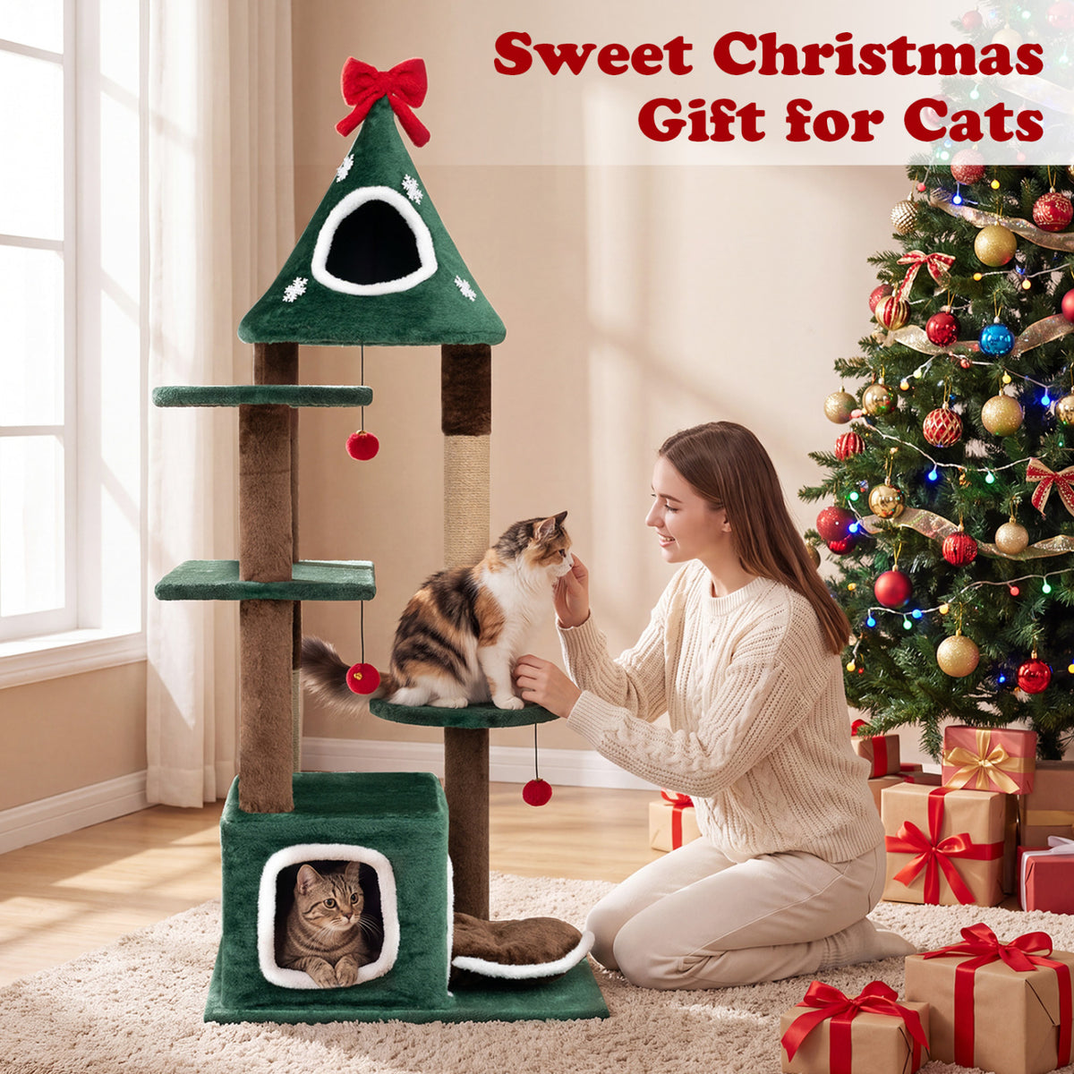 Green 54-Inch Christmas Cat Tree with 2 Condos & Removable Cushion