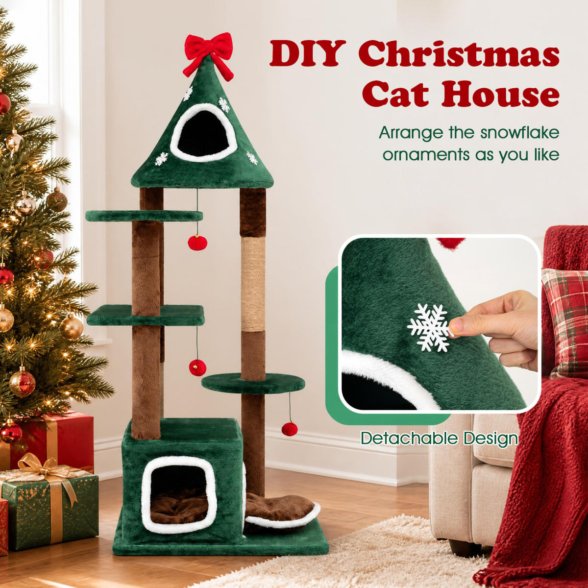 Green 54-Inch Christmas Cat Tree with 2 Condos & Removable Cushion