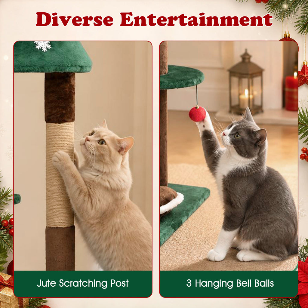Green 54-Inch Christmas Cat Tree with 2 Condos & Removable Cushion