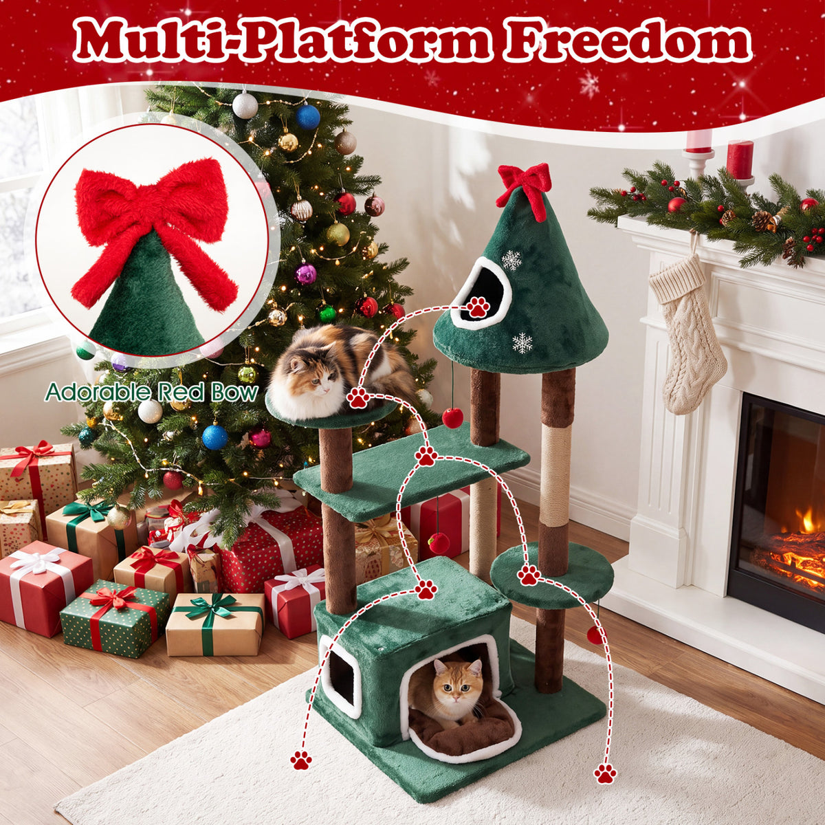 Green 54-Inch Christmas Cat Tree with 2 Condos & Removable Cushion