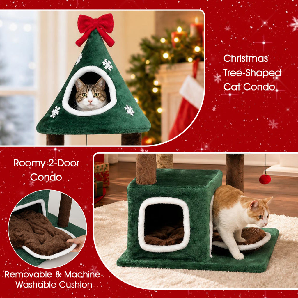 Green 54-Inch Christmas Cat Tree with 2 Condos & Removable Cushion