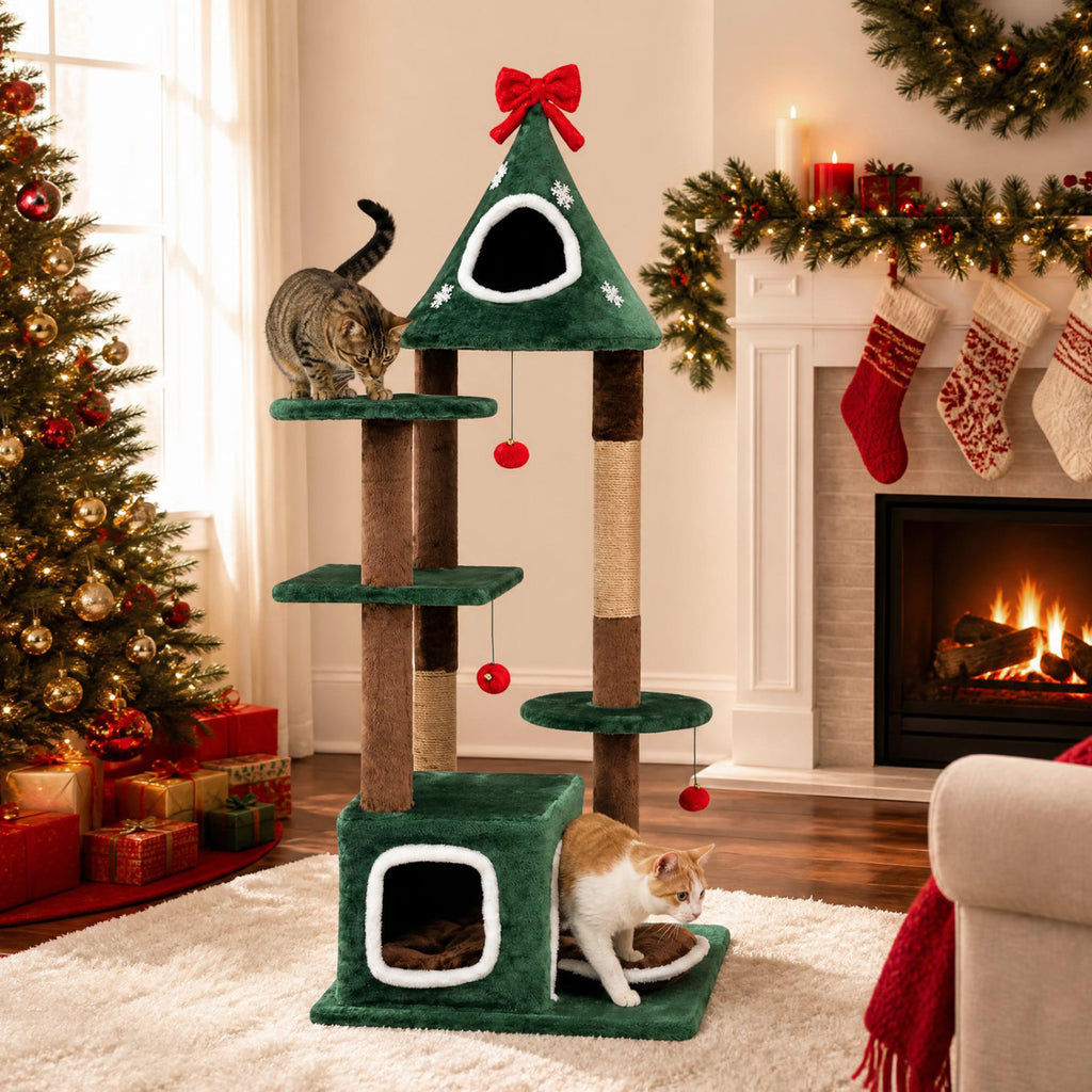 Green 54-Inch Christmas Cat Tree with 2 Condos & Removable Cushion