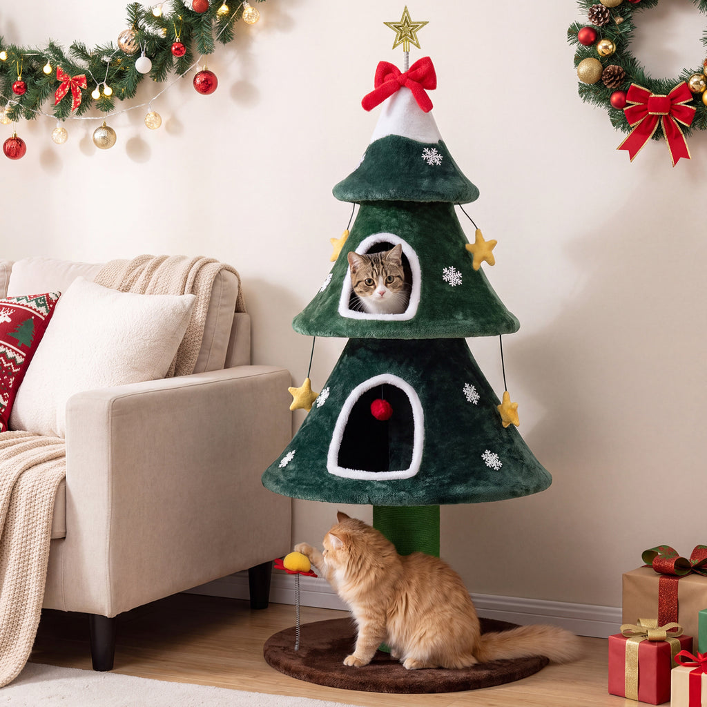 Green 54 Inch Christmas Cat Tree with Private Condos & Toys - Indoor Cat Furniture