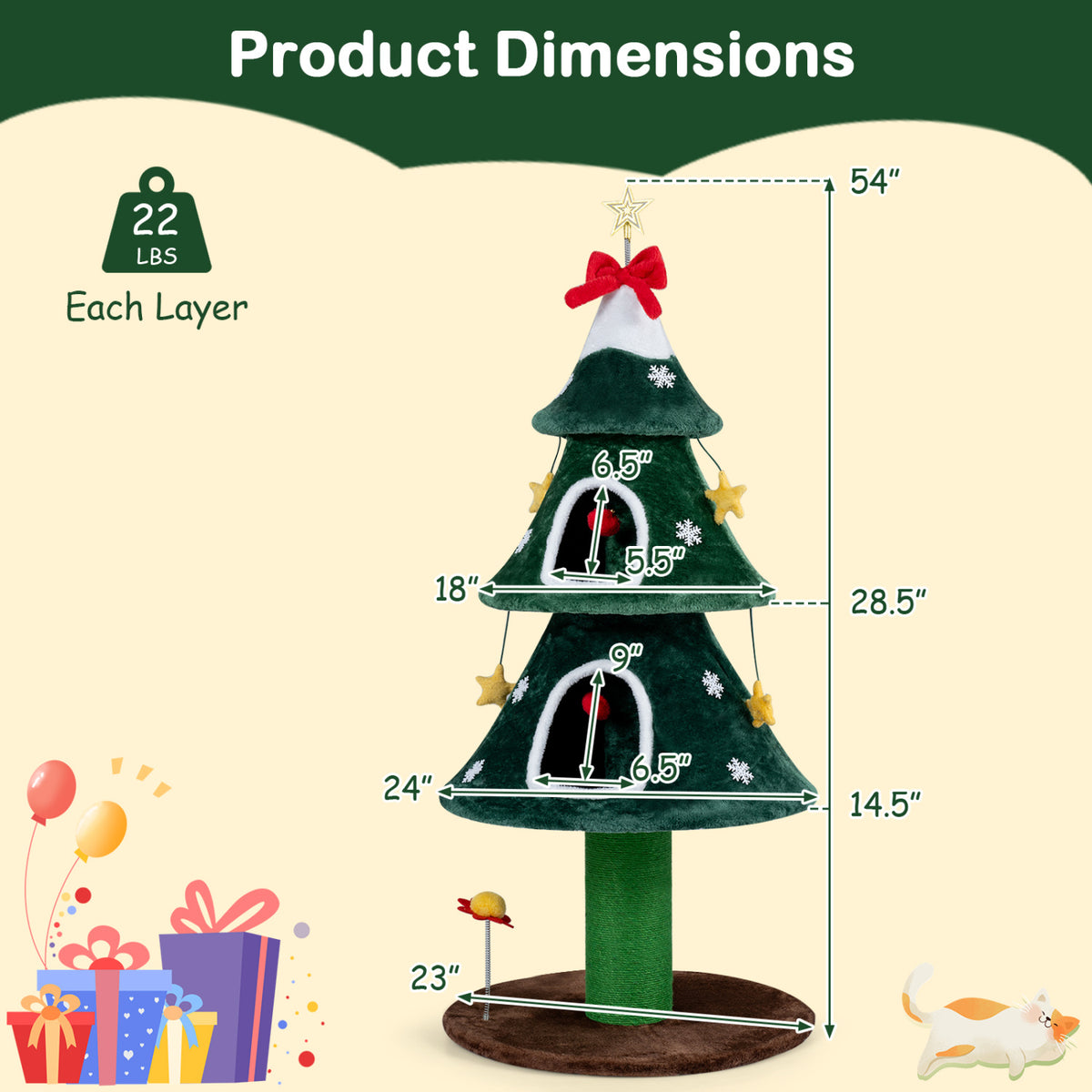 Green 54 Inch Christmas Cat Tree with Private Condos & Toys - Indoor Cat Furniture
