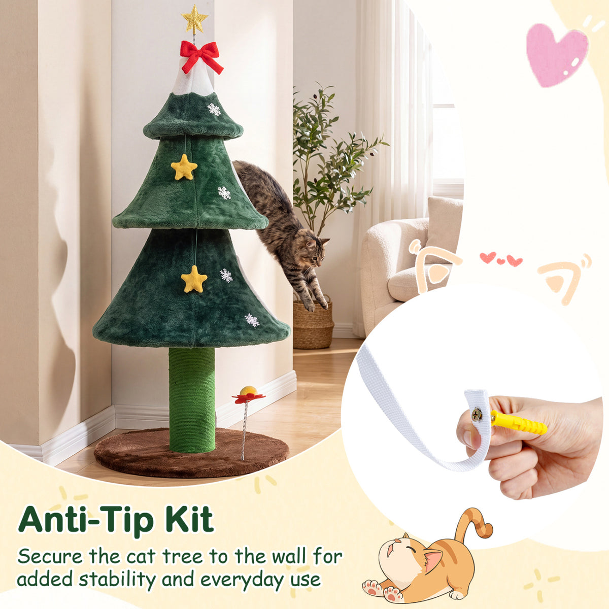 Green 54 Inch Christmas Cat Tree with Private Condos & Toys - Indoor Cat Furniture