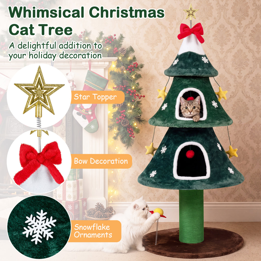Green 54 Inch Christmas Cat Tree with Private Condos & Toys - Indoor Cat Furniture