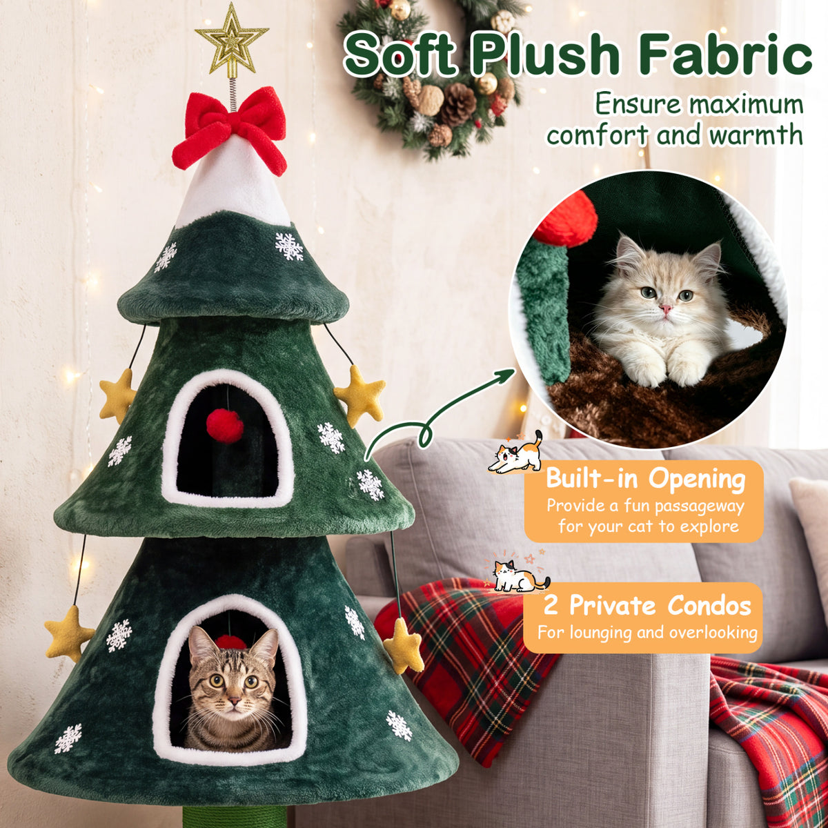 Green 54 Inch Christmas Cat Tree with Private Condos & Toys - Indoor Cat Furniture