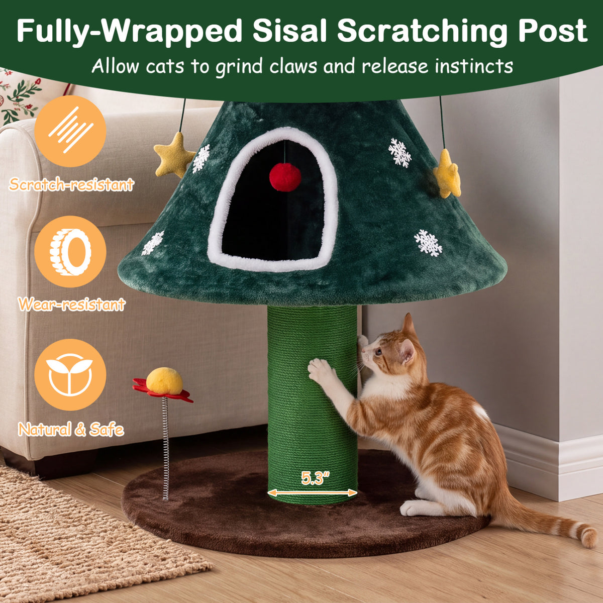 Green 54 Inch Christmas Cat Tree with Private Condos & Toys - Indoor Cat Furniture