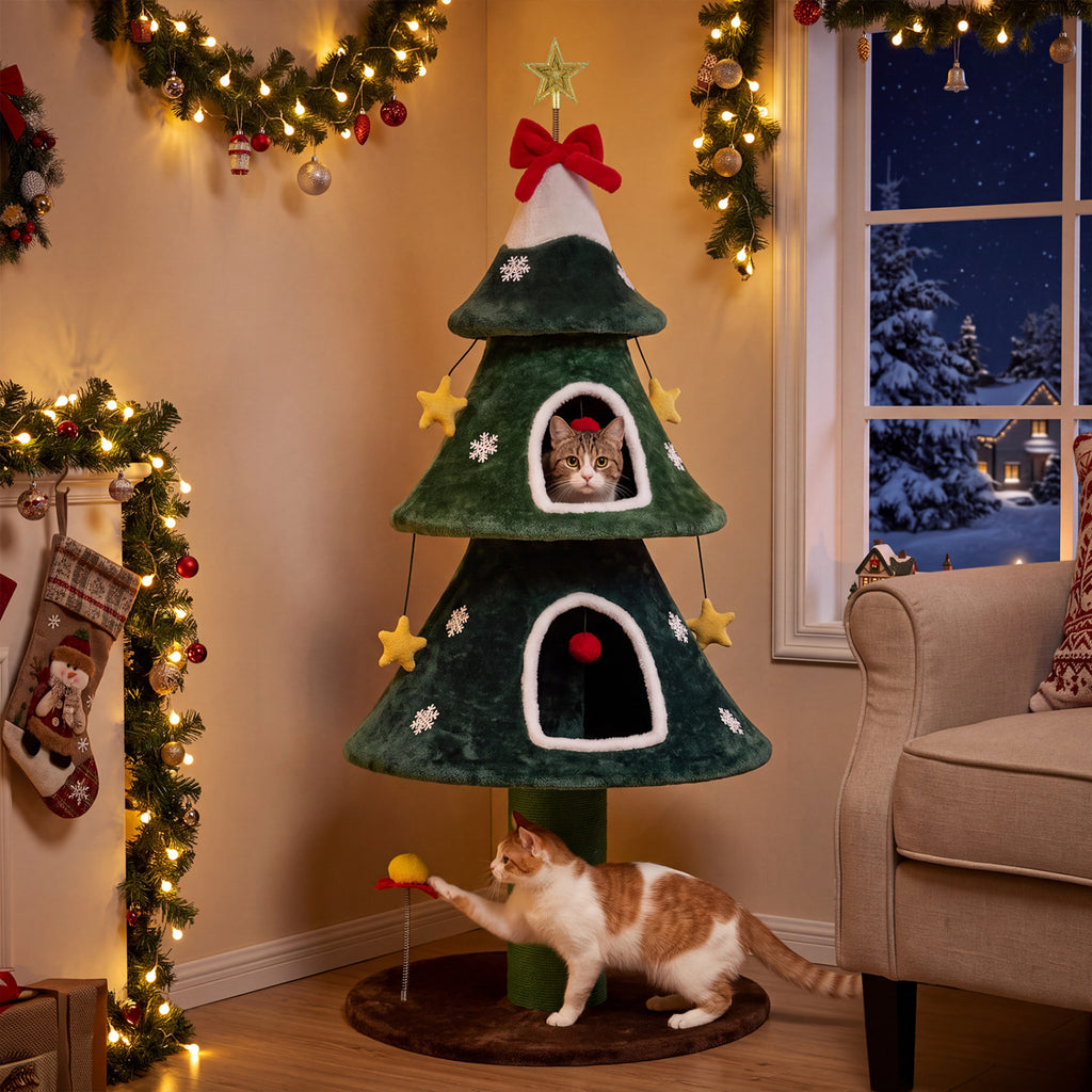 Green 54 Inch Christmas Cat Tree with Private Condos & Toys - Indoor Cat Furniture