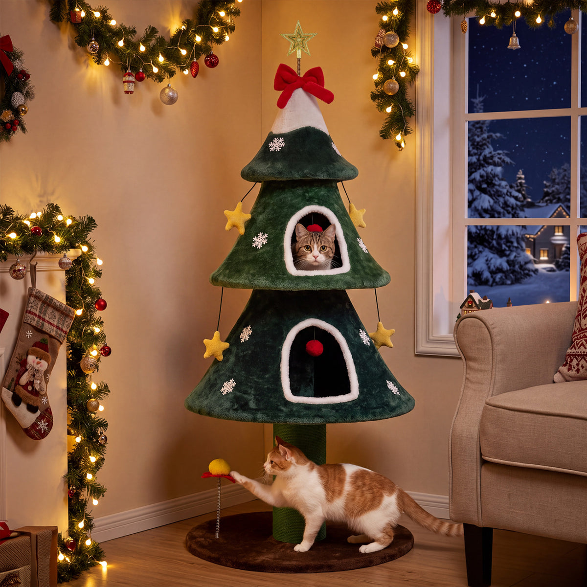 Green 54 Inch Christmas Cat Tree with Private Condos & Toys - Indoor Cat Furniture