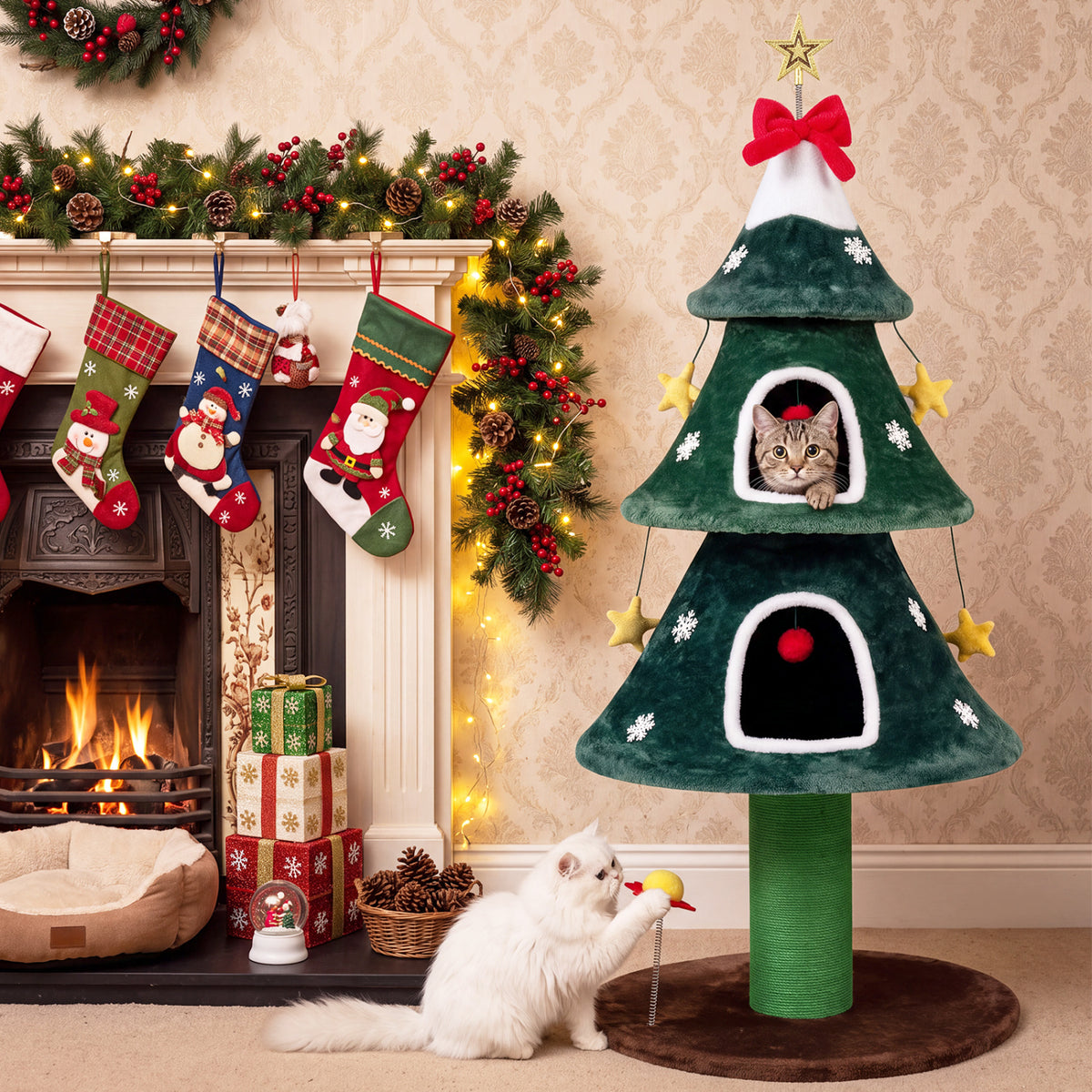 Green 54 Inch Christmas Cat Tree with Private Condos & Toys - Indoor Cat Furniture