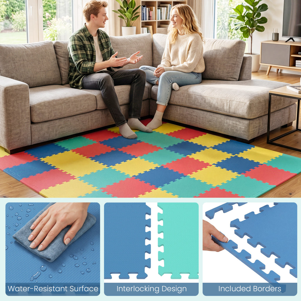 Multicolor 54 Pack EVA Foam Floor Tiles with Non-Slip Surface & Borders for Home Gym