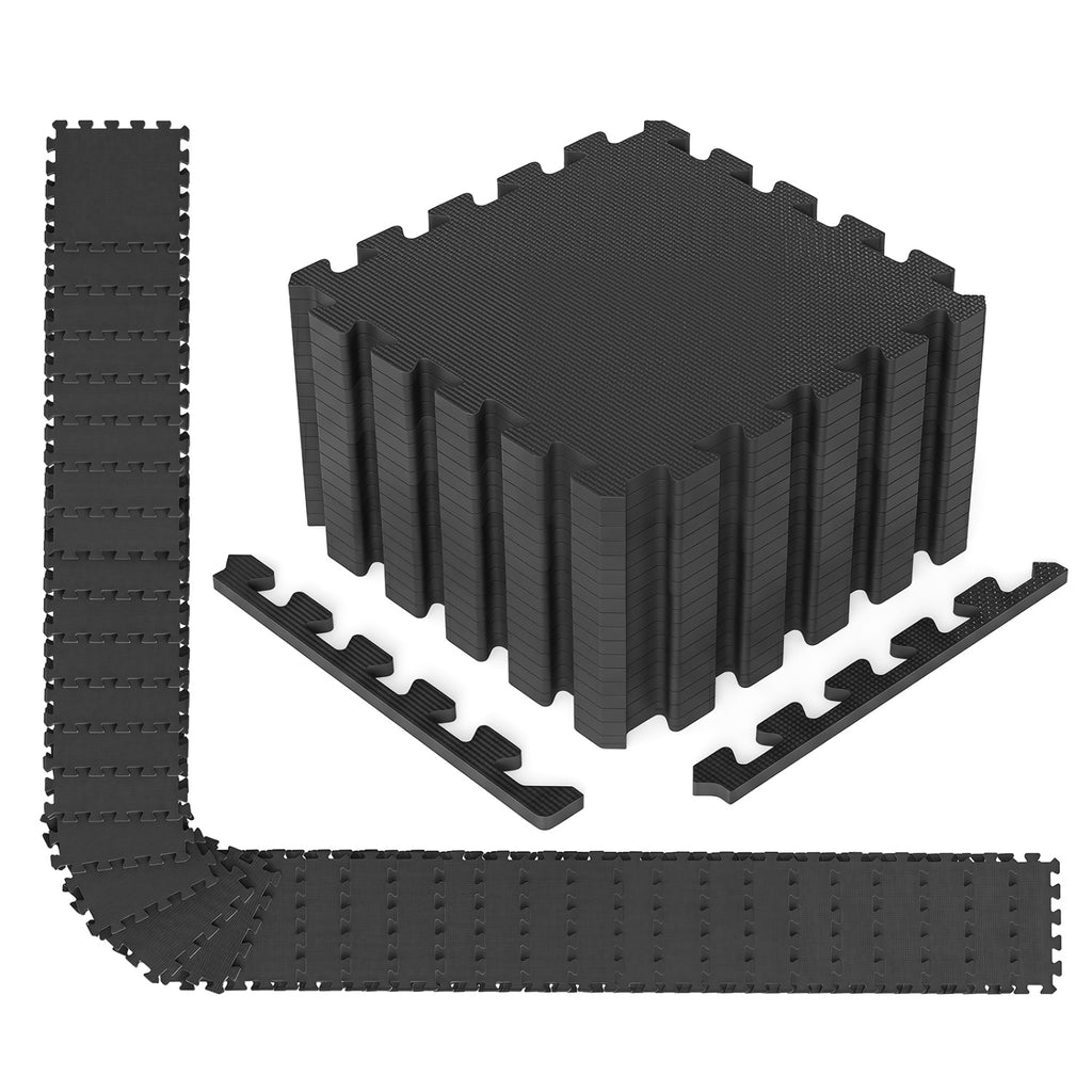Black 54 Pack EVA Foam Floor Tiles with Non-Slip & Borders for Home Gym