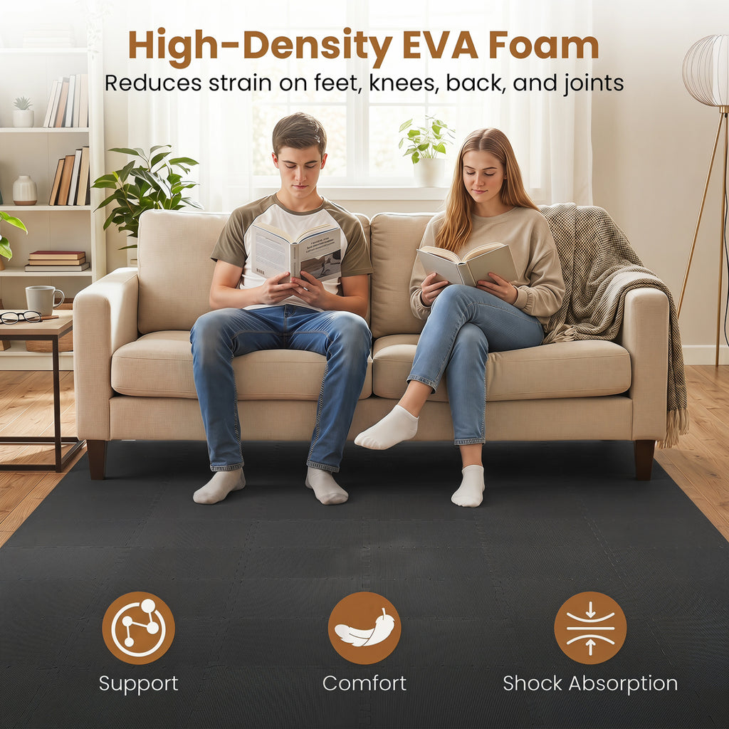 Black 54 Pack EVA Foam Floor Tiles with Non-Slip & Borders for Home Gym