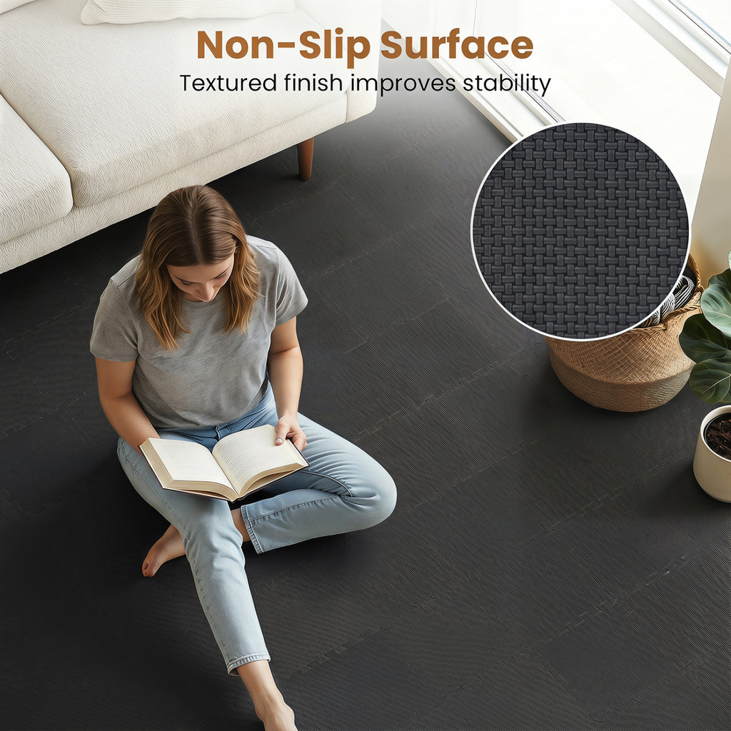 Black 54 Pack EVA Foam Floor Tiles with Non-Slip & Borders for Home Gym