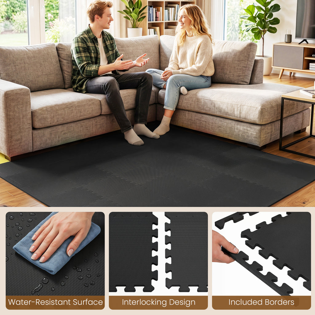 Black 54 Pack EVA Foam Floor Tiles with Non-Slip & Borders for Home Gym