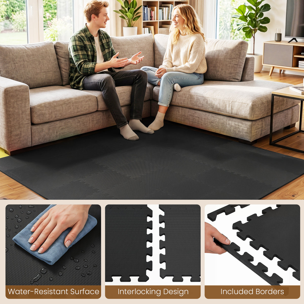 Black 54 Pack EVA Foam Floor Tiles with Non-Slip & Borders for Home Gym