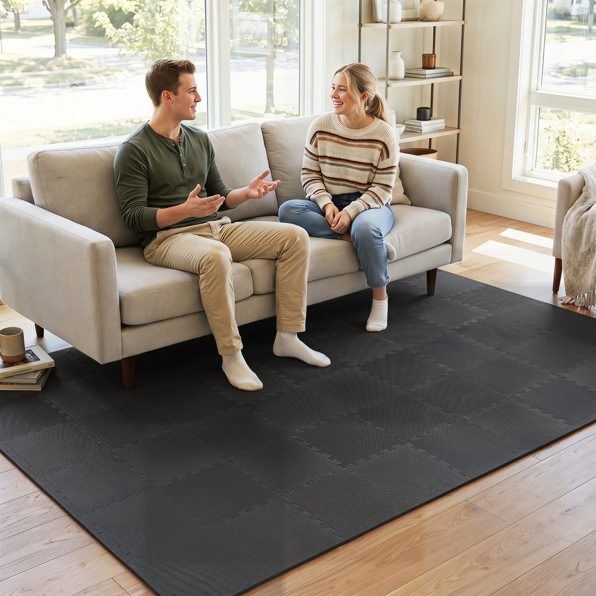 Black 54 Pack EVA Foam Floor Tiles with Non-Slip & Borders for Home Gym