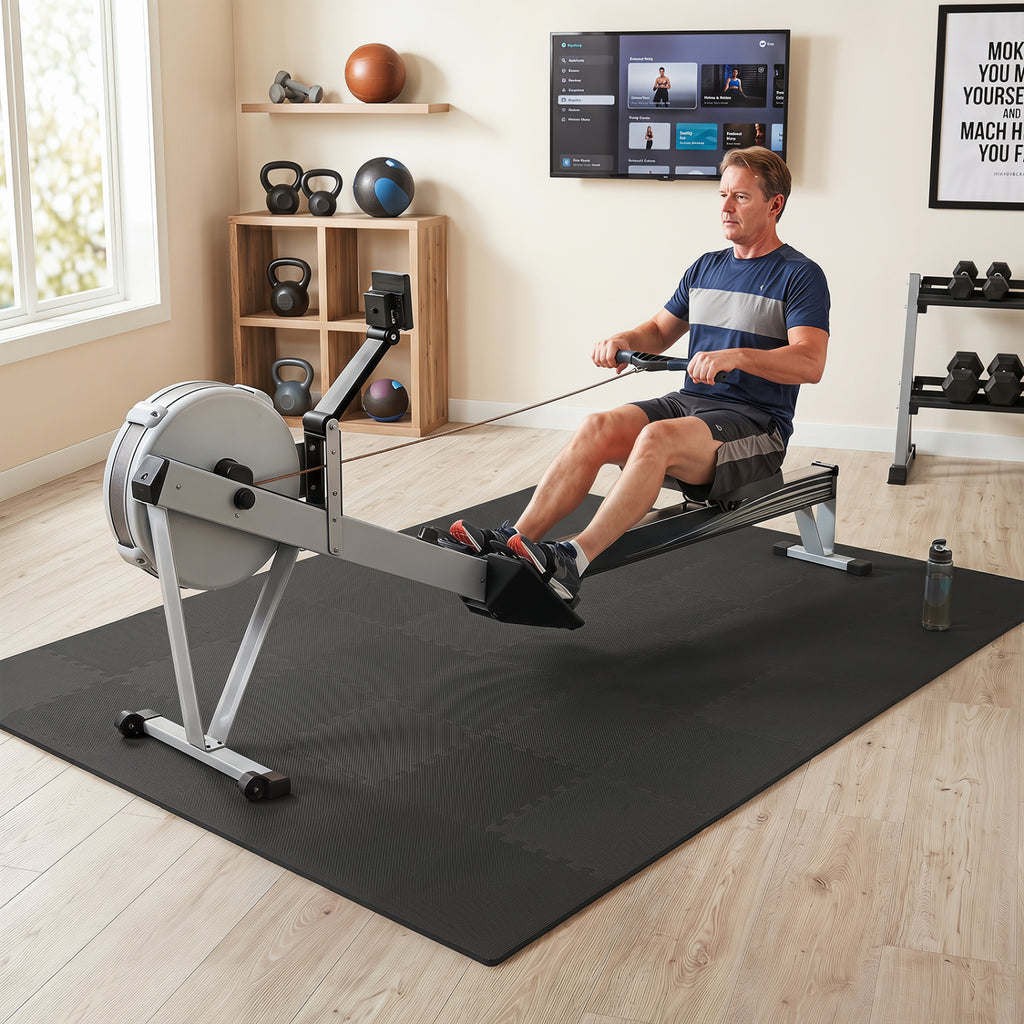 Black 54 Pack EVA Foam Floor Tiles with Non-Slip & Borders for Home Gym