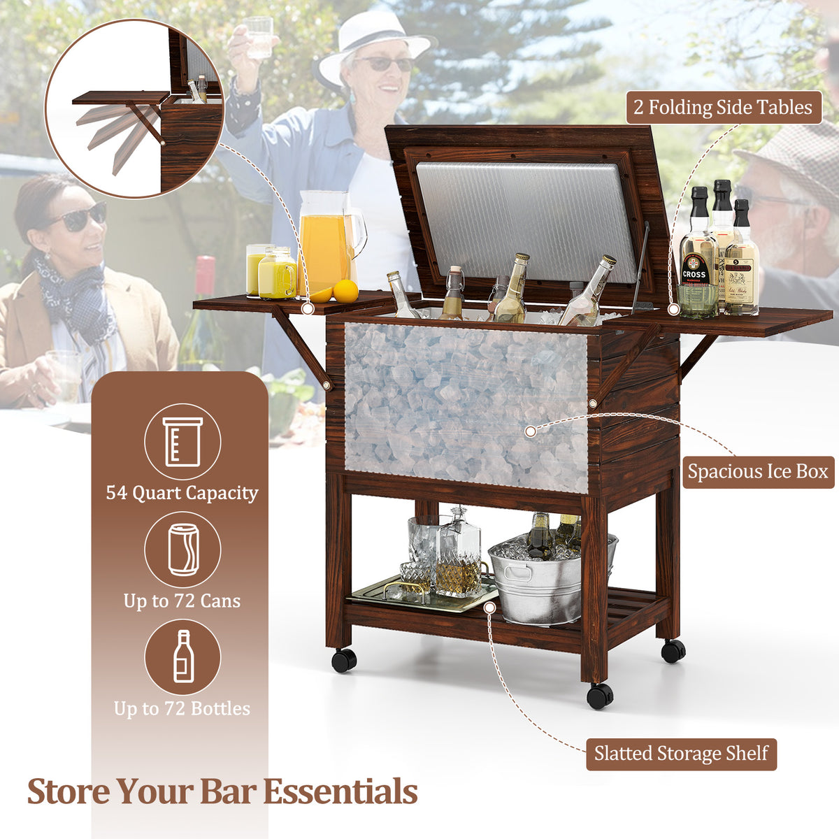 54-Quart Rolling Cooler Cart with Wheels, Brown