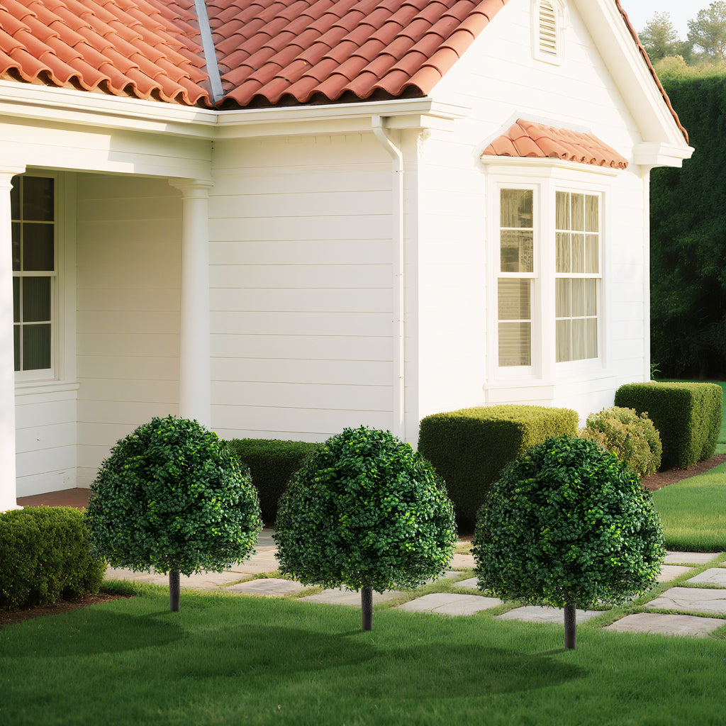 28-Inch Artificial Boxwood Topiary Ball Tree Set of 2 with Ground Spike - Green