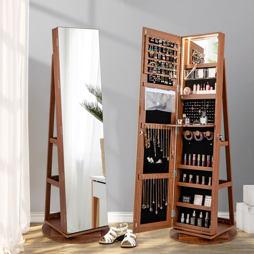 360° Rotating Jewelry Cabinet Armoire with LED Mirror - Dark Brown