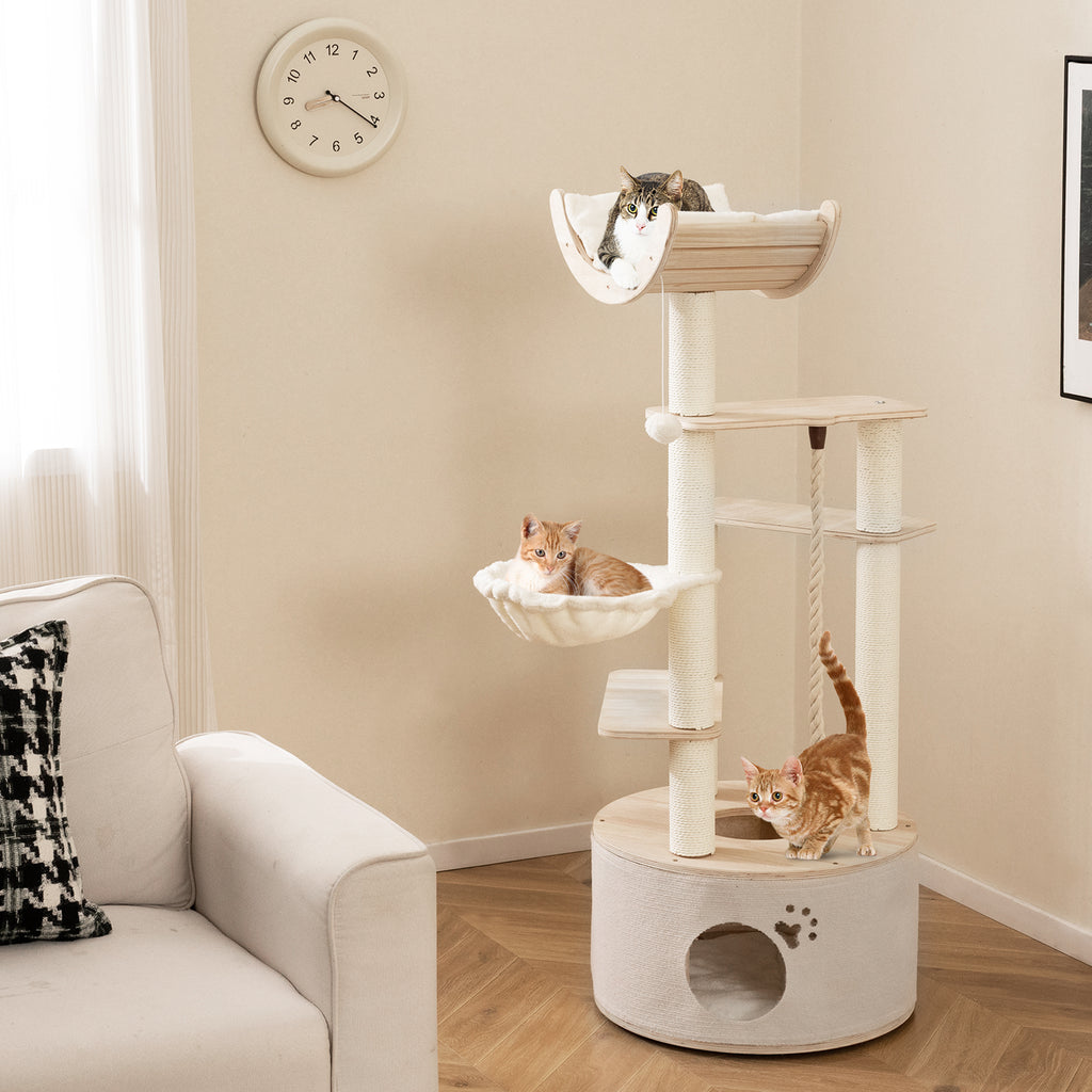 Cat Tree with Washable Cushions - 55.5 Inch Wooden Indoor Cat Tower - Variation: Cat Tree