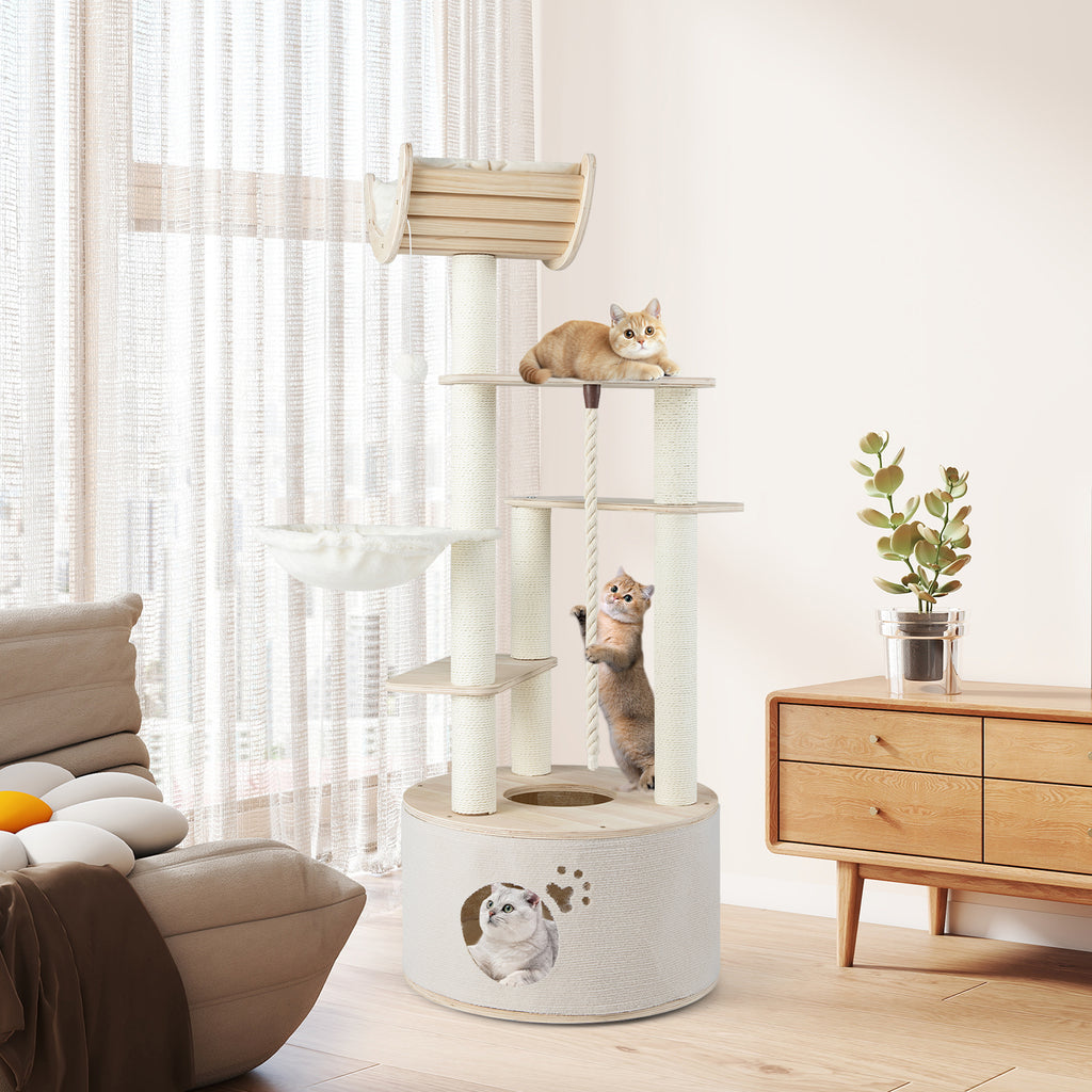 Cat Tree with Washable Cushions - 55.5 Inch Wooden Indoor Cat Tower - Variation: Cat Tree