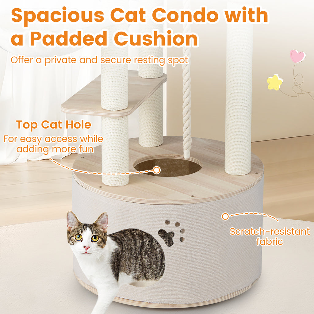 Cat Tree with Washable Cushions - 55.5 Inch Wooden Indoor Cat Tower - Variation: Cat Tree