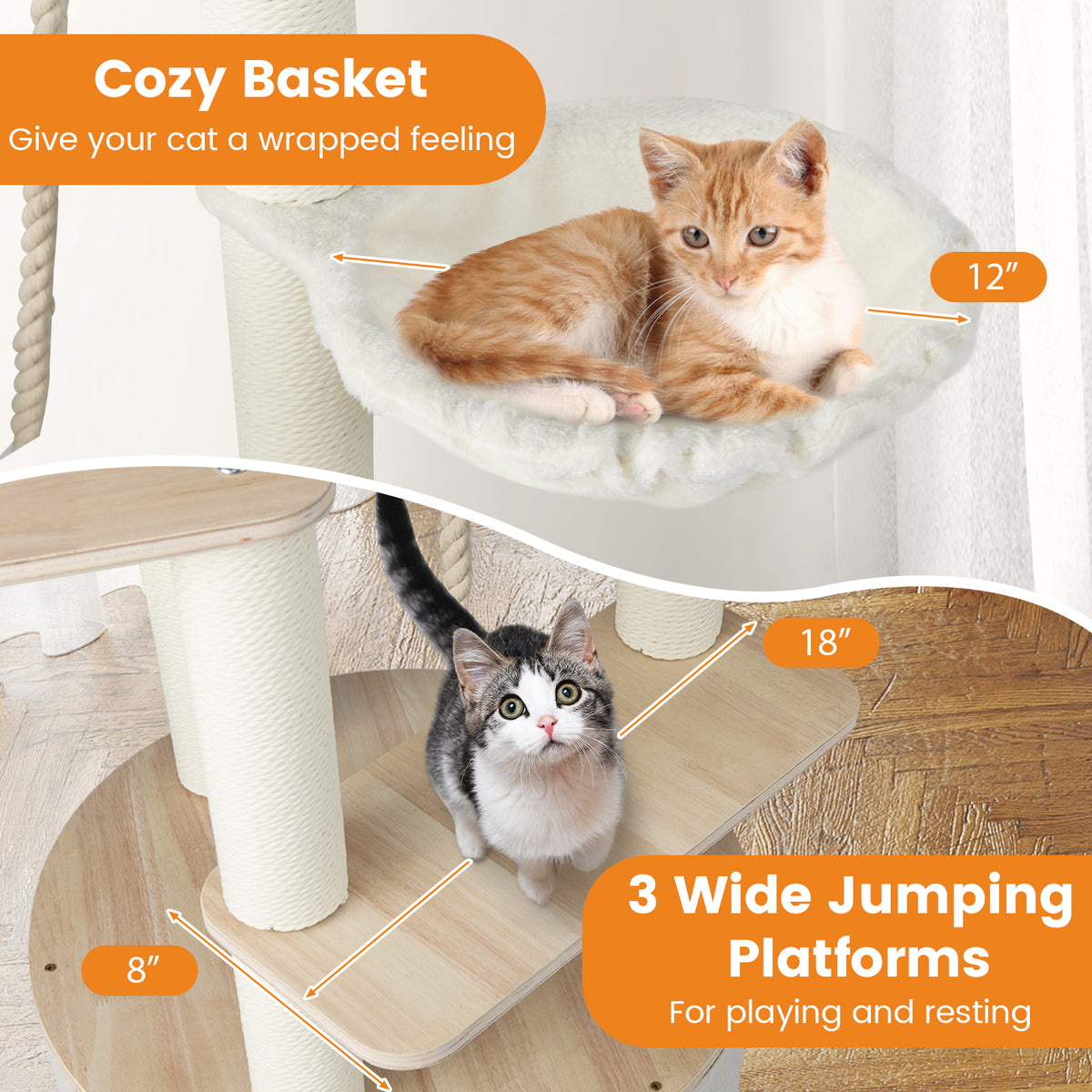 Cat Tree with Washable Cushions - 55.5 Inch Wooden Indoor Cat Tower - Variation: Cat Tree