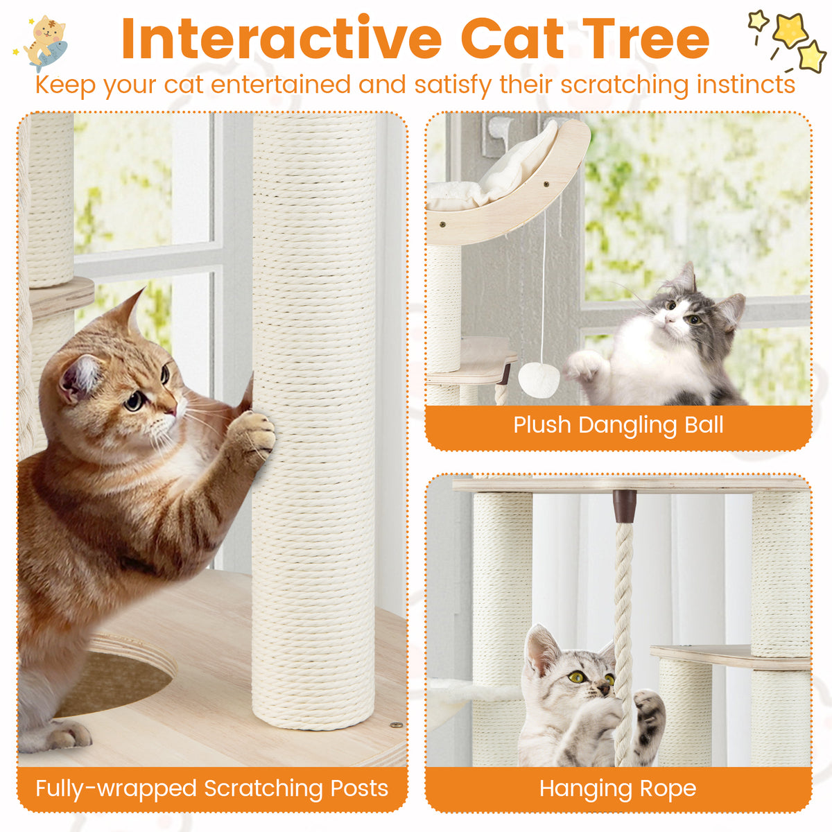 Cat Tree with Washable Cushions - 55.5 Inch Wooden Indoor Cat Tower - Variation: Cat Tree
