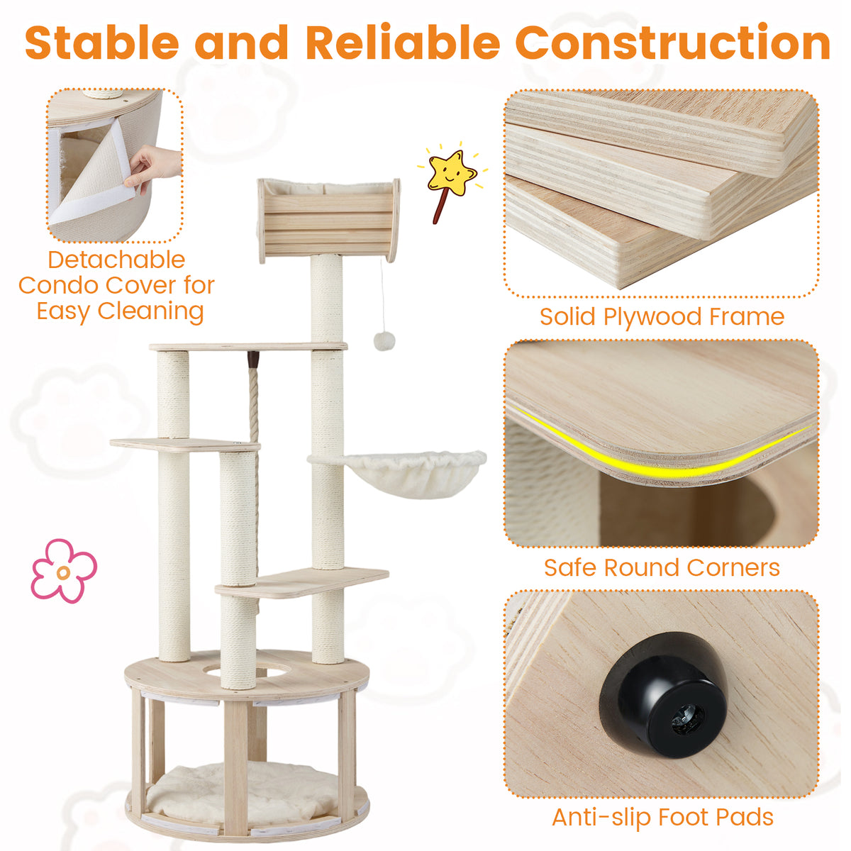 Cat Tree with Washable Cushions - 55.5 Inch Wooden Indoor Cat Tower - Variation: Cat Tree