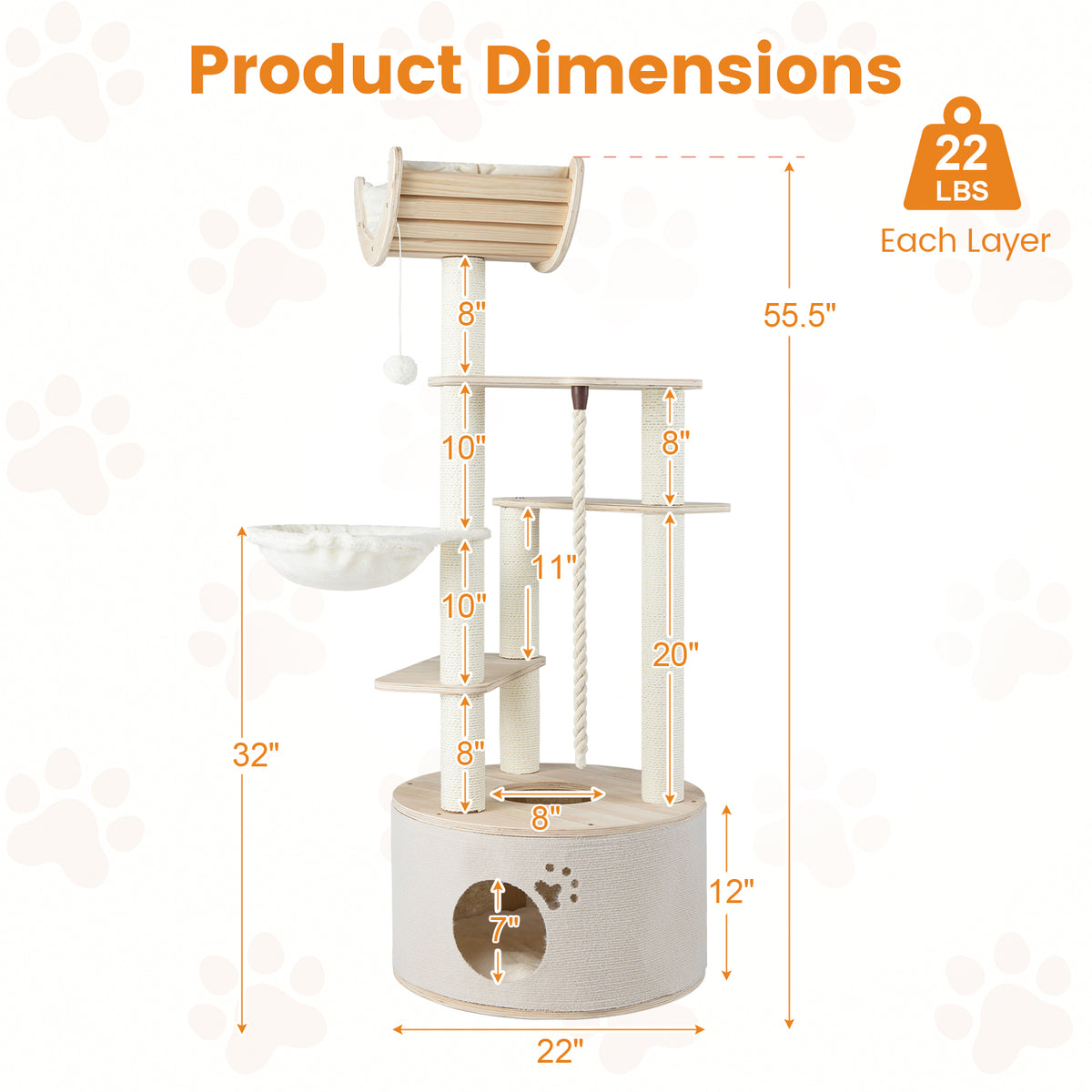 Cat Tree with Washable Cushions - 55.5 Inch Wooden Indoor Cat Tower - Variation: Cat Tree