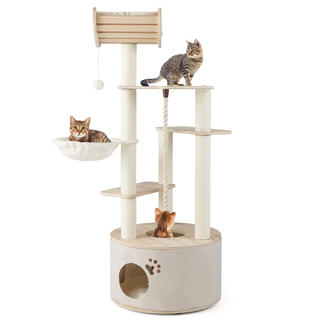 Cat Tree with Washable Cushions - 55.5 Inch Wooden Indoor Cat Tower - Variation: Cat Tree