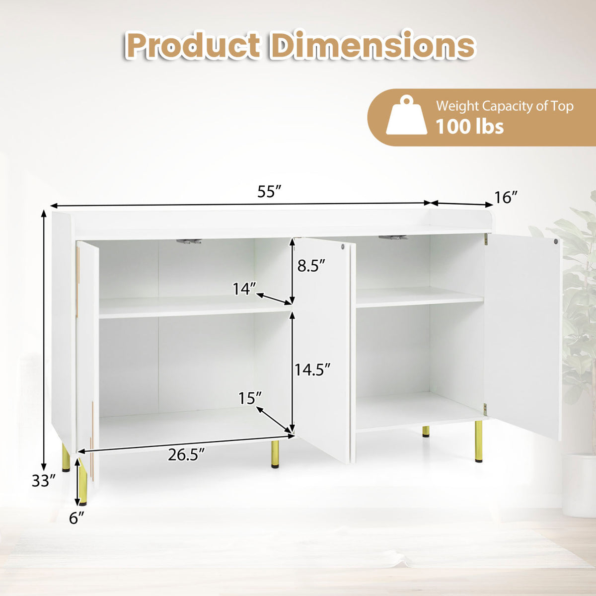 55" Buffet Cabinet with 4 Doors & 5 Metal Legs - White