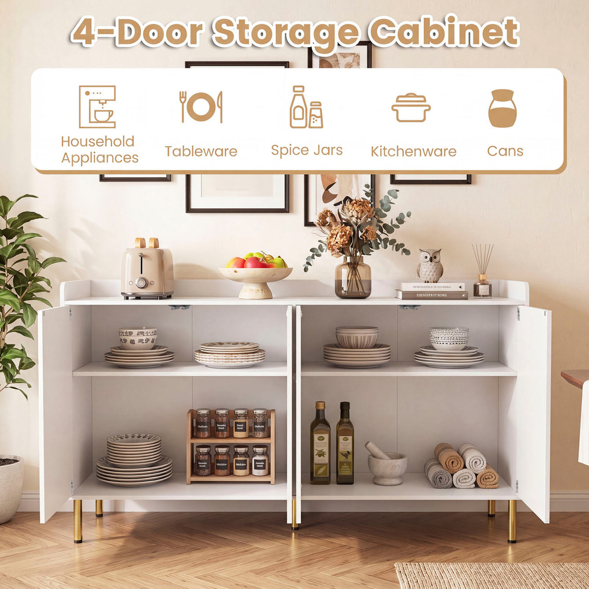 55" Buffet Cabinet with 4 Doors & 5 Metal Legs - White