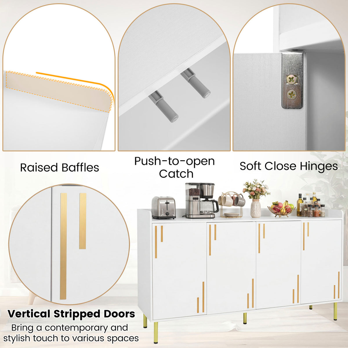 55" Buffet Cabinet with 4 Doors & 5 Metal Legs - White