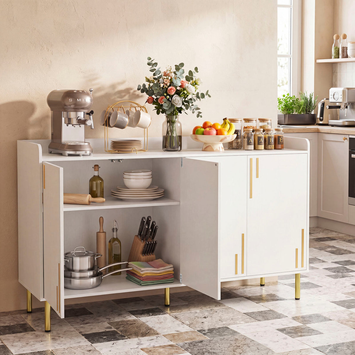 55" Buffet Cabinet with 4 Doors & 5 Metal Legs - White