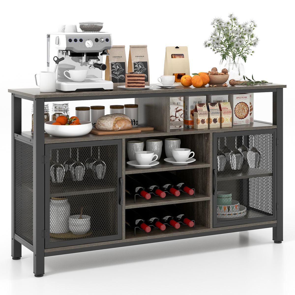 55-Inch Buffet Sideboard with Wine Racks & Glass Holders - Rustic Brown