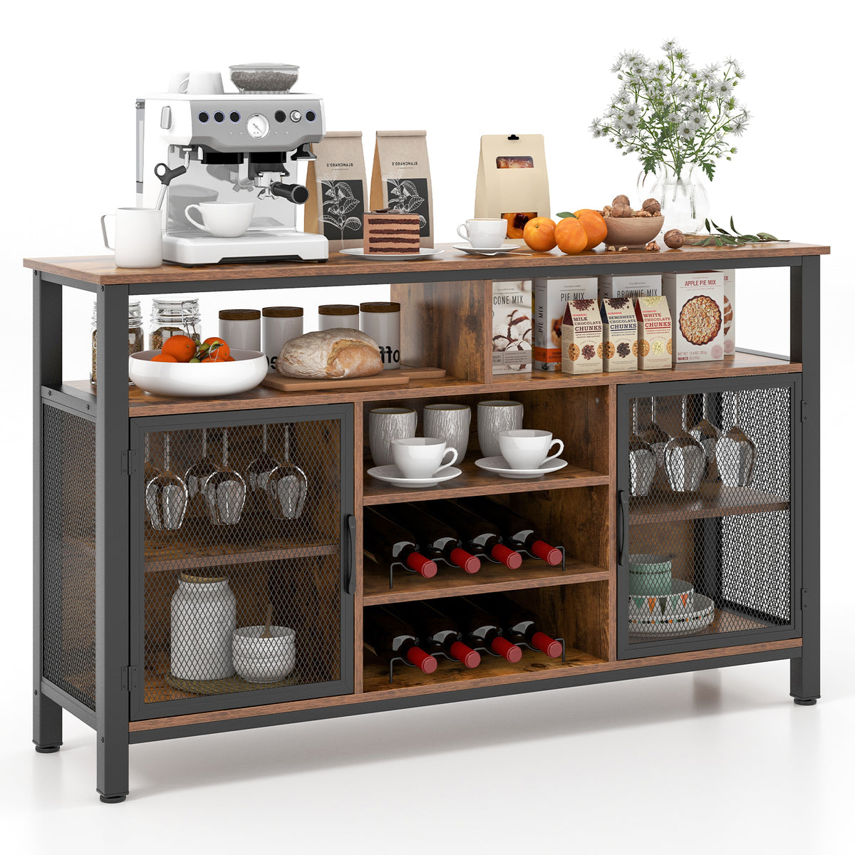 55-Inch Buffet Sideboard with Wine Racks & Glass Holders - Rustic Brown